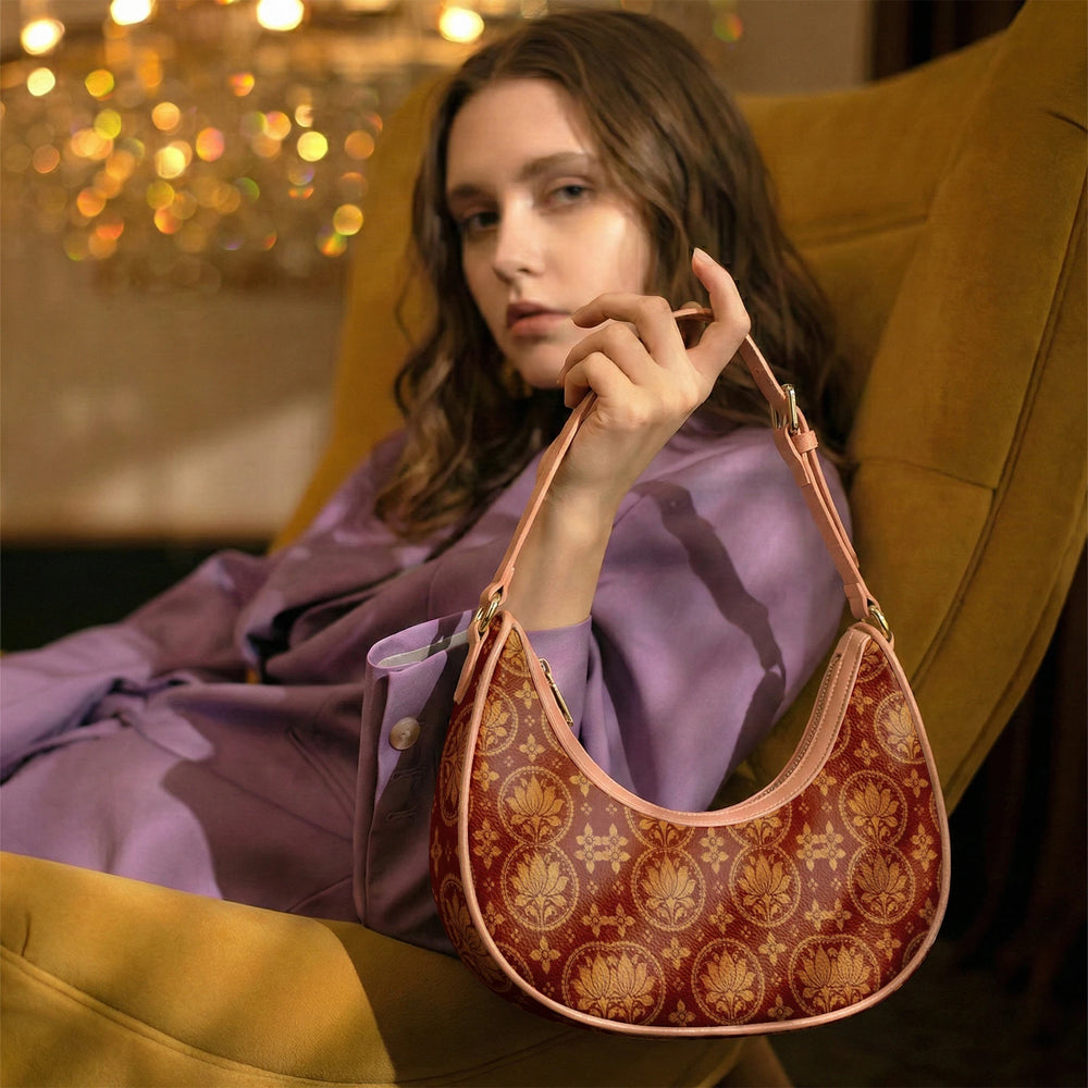 Bagru Lotus — Madder Red Crescent Shoulder Bag — view 18