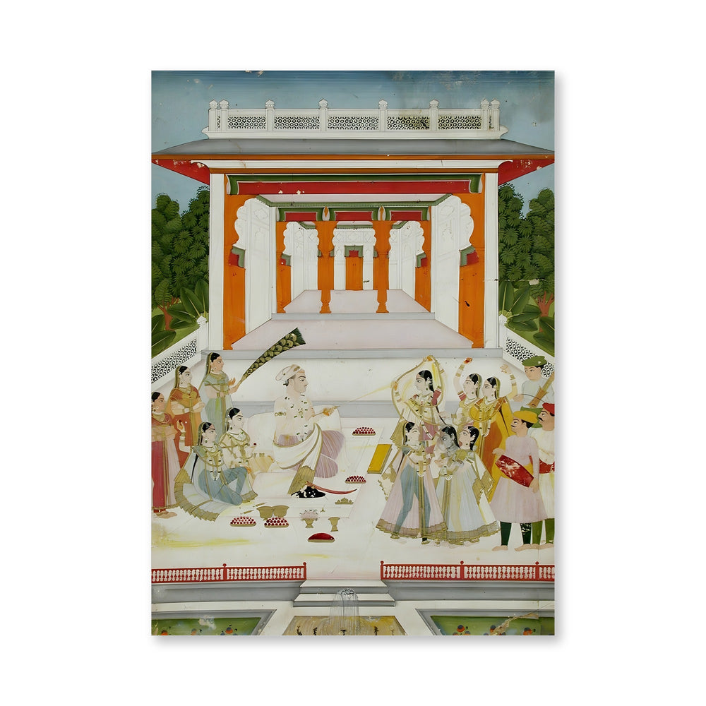 A maharaja playing Holi with women and musicians near a garden pavilion — view 4