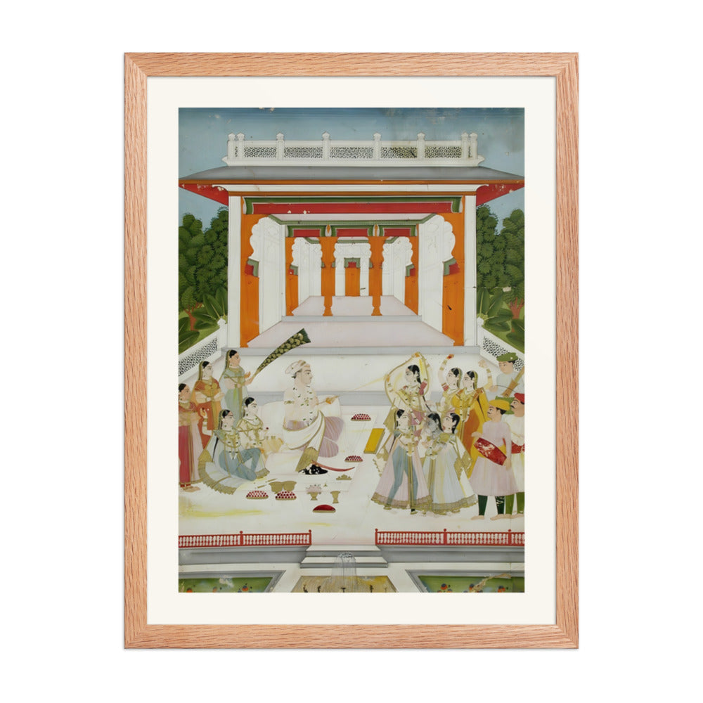 A maharaja playing Holi with women and musicians near a garden pavilion — view 2