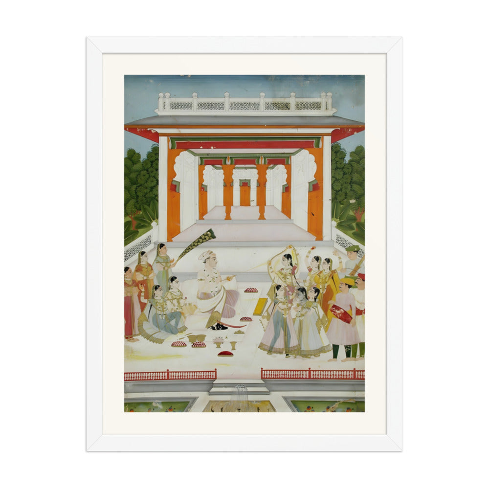 A maharaja playing Holi with women and musicians near a garden pavilion — view 3