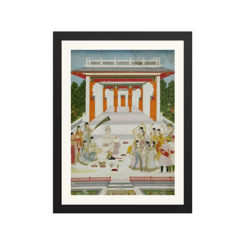 A maharaja playing Holi with women and musicians near a garden pavilion