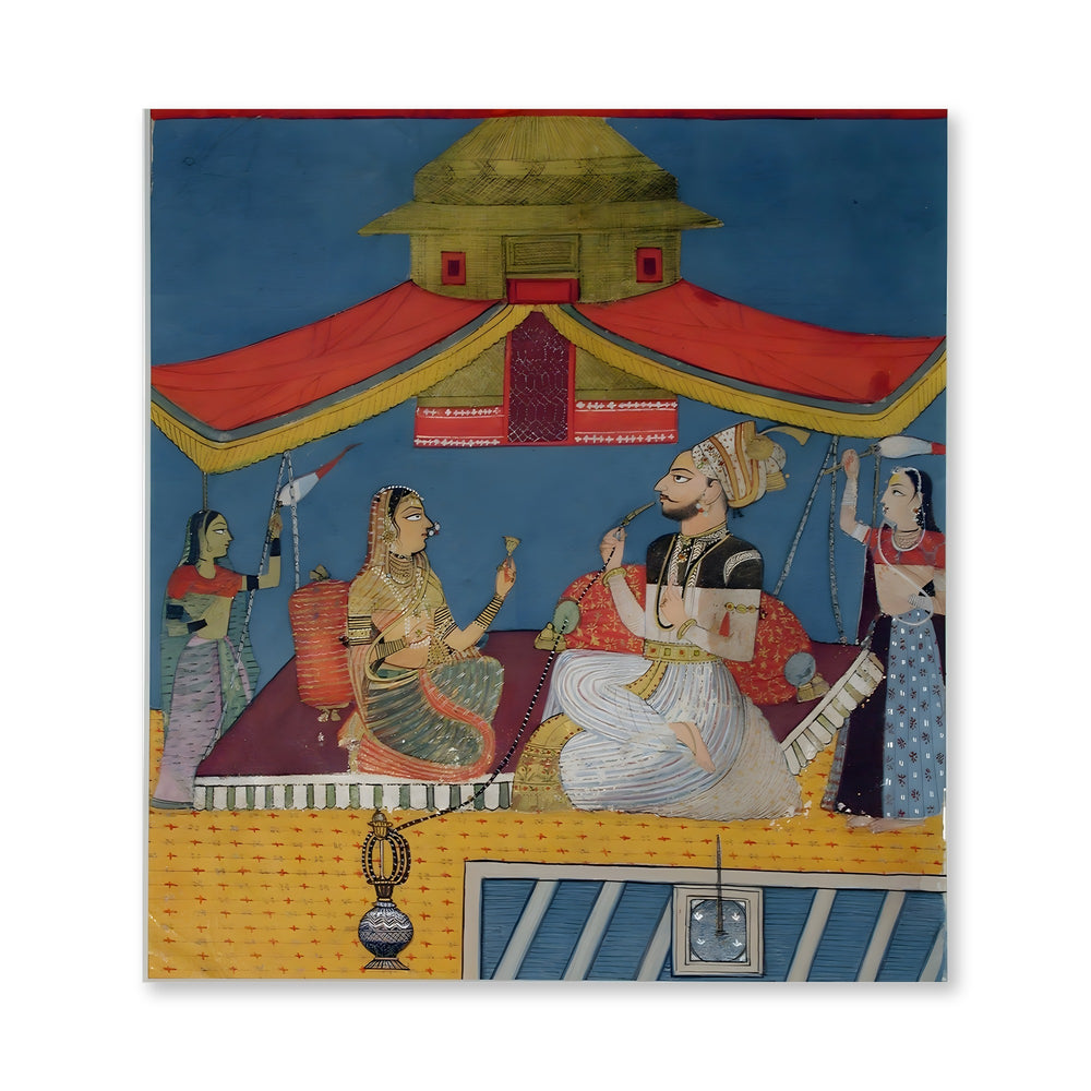 A man smoking a hookah on a terrace, with a woman and two maids — view 4