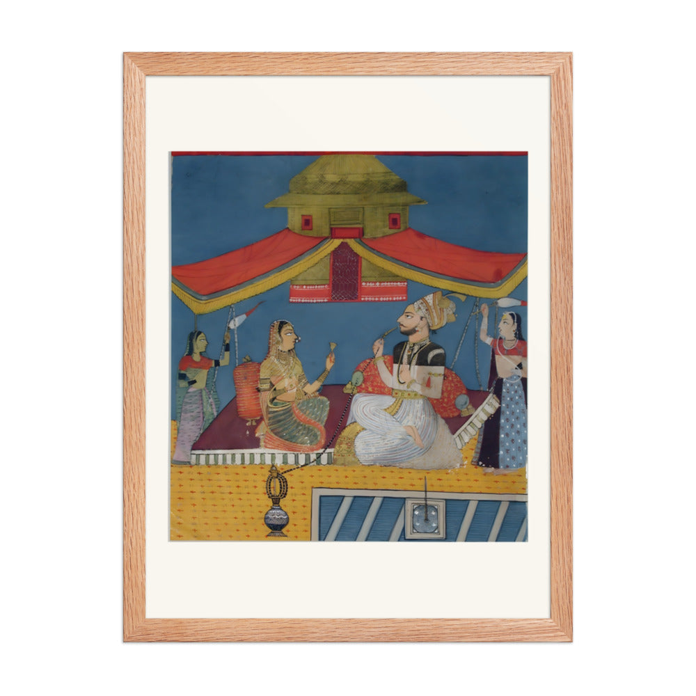A man smoking a hookah on a terrace, with a woman and two maids — view 2