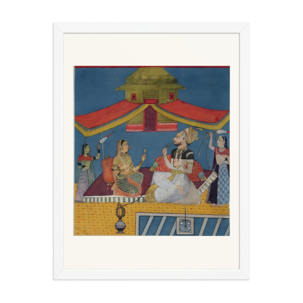 A man smoking a hookah on a terrace, with a woman and two maids — view 3