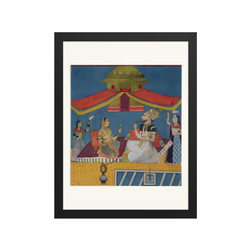 A man smoking a hookah on a terrace, with a woman and two maids