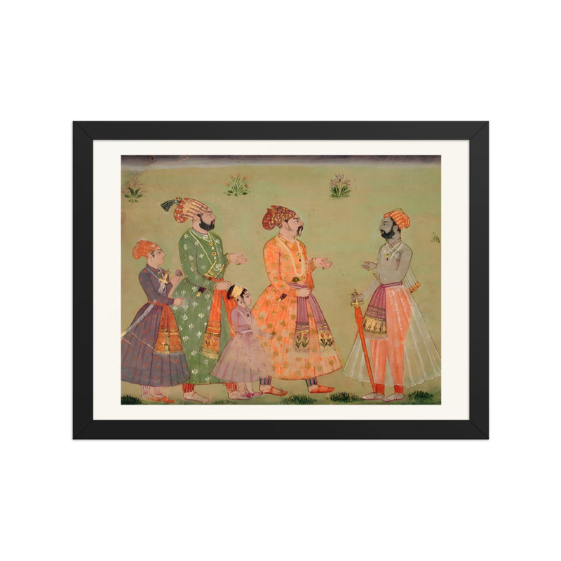 A raja with a small retinue is greeted by a sword-bearer