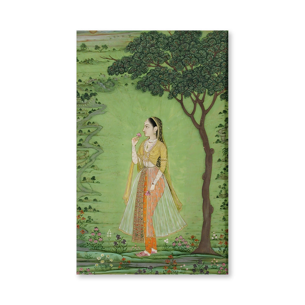 A woman standing by a tree, holding a flower — view 4