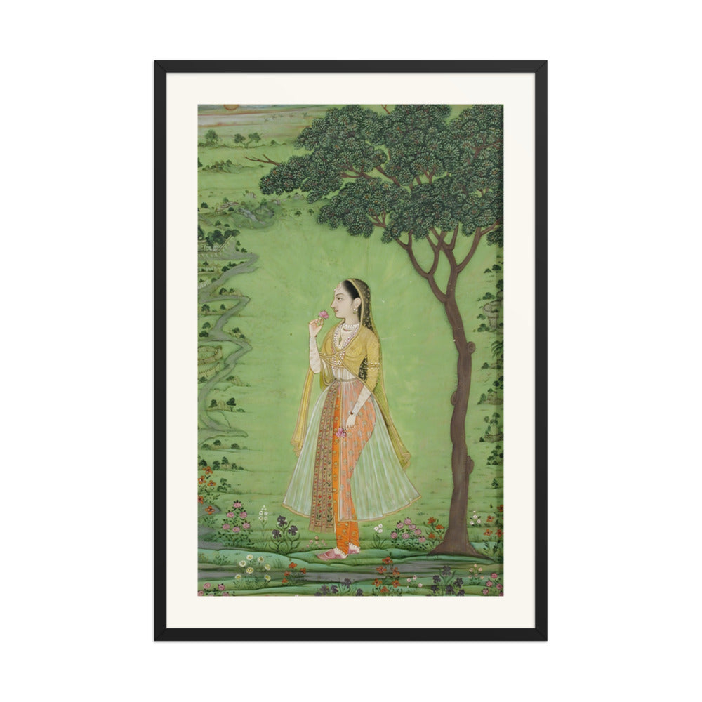 A woman standing by a tree, holding a flower — view 7