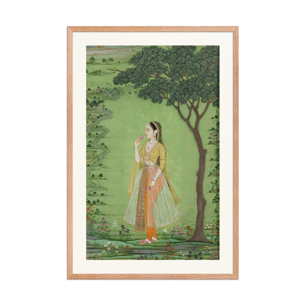 A woman standing by a tree, holding a flower — view 8