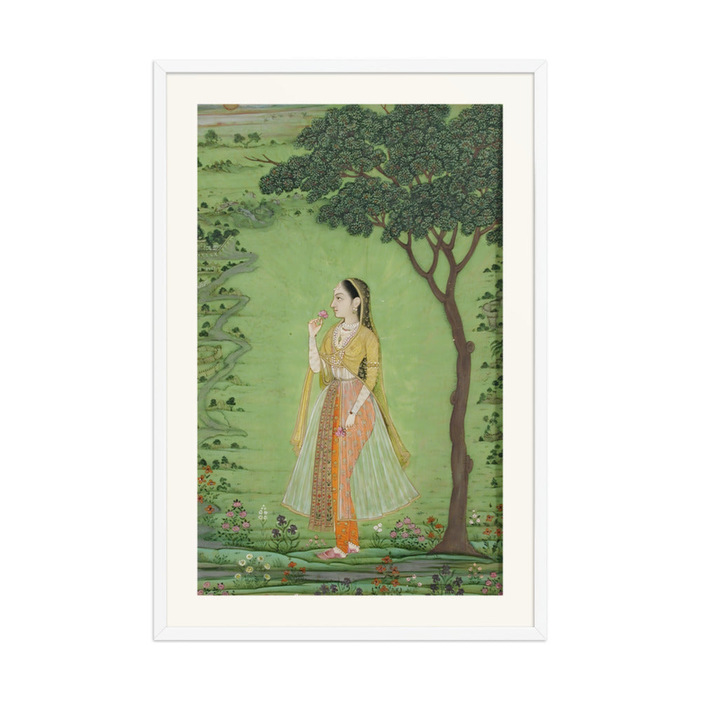 A woman standing by a tree, holding a flower — view 9