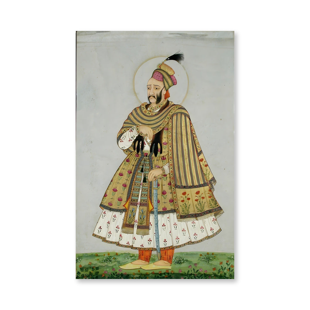 Abdullah Qutb Shah nimbate, in white jama with a gold coat and shawl — view 4