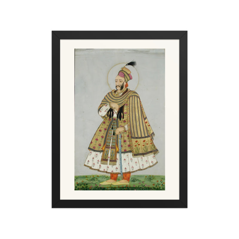 Abdullah Qutb Shah nimbate, in white jama with a gold coat and shawl