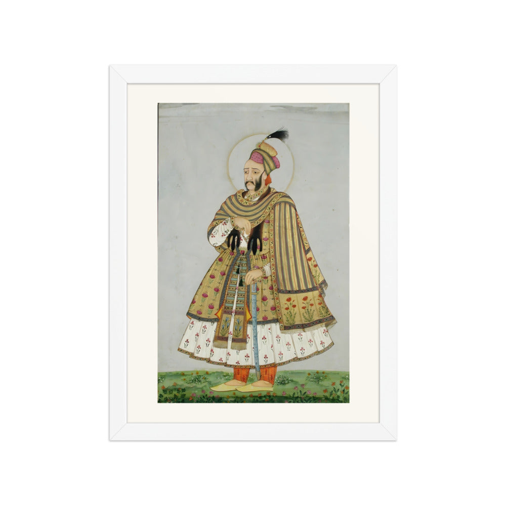 Abdullah Qutb Shah nimbate, in white jama with a gold coat and shawl — view 3