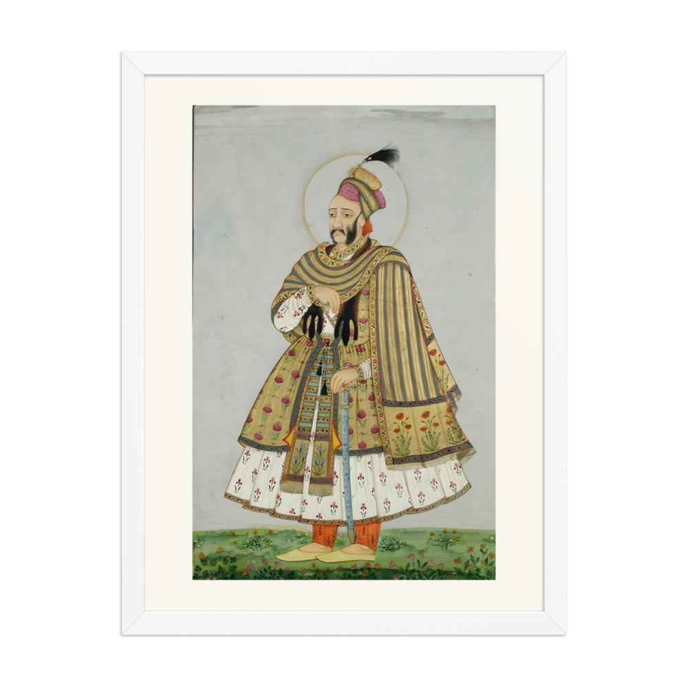 Abdullah Qutb Shah nimbate, in white jama with a gold coat and shawl — view 6