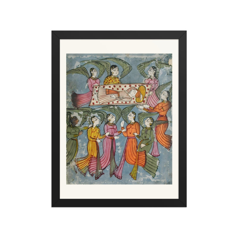 Angels carry Manohar in his bed