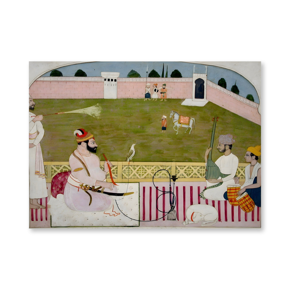 Bahadur Singh smokes a hookah on a terrace with two musicians — view 4