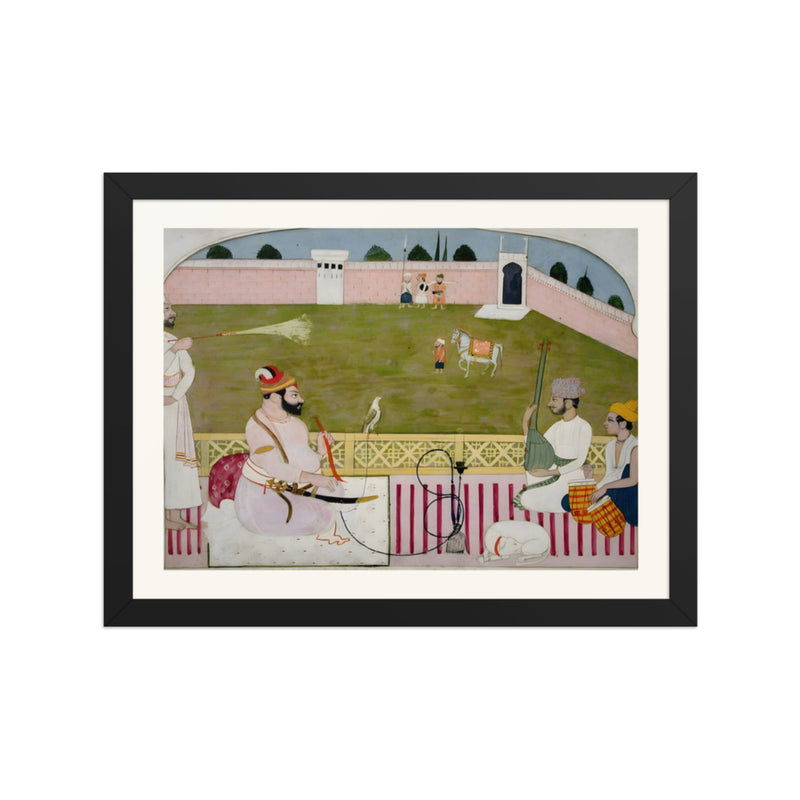 Bahadur Singh smokes a hookah on a terrace with two musicians