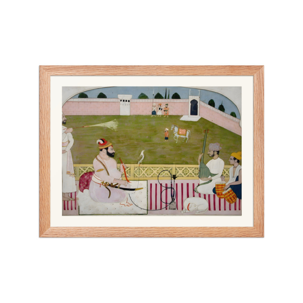 Bahadur Singh smokes a hookah on a terrace with two musicians — view 2