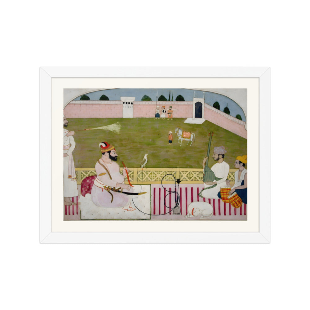 Bahadur Singh smokes a hookah on a terrace with two musicians — view 3