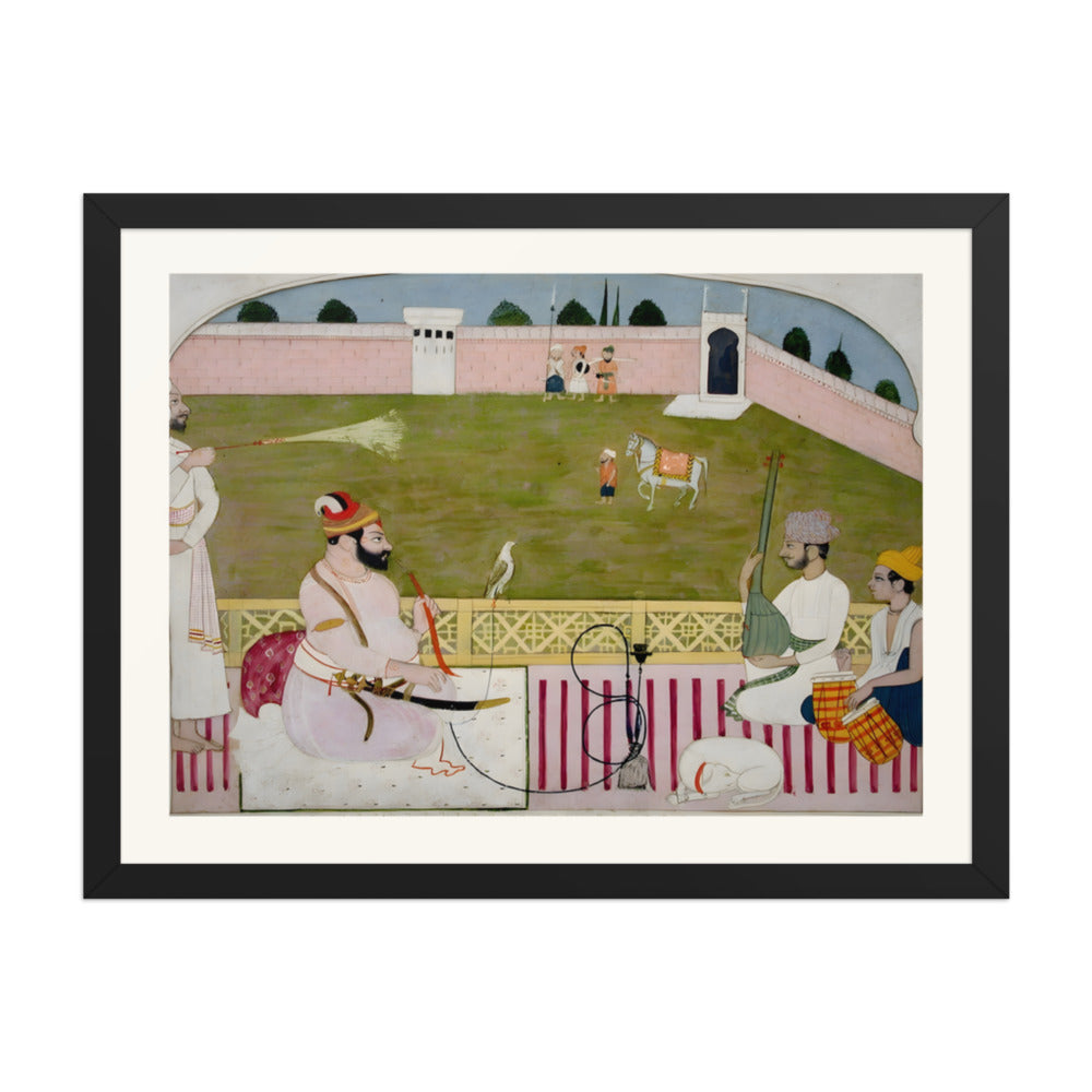 Bahadur Singh smokes a hookah on a terrace with two musicians — view 4
