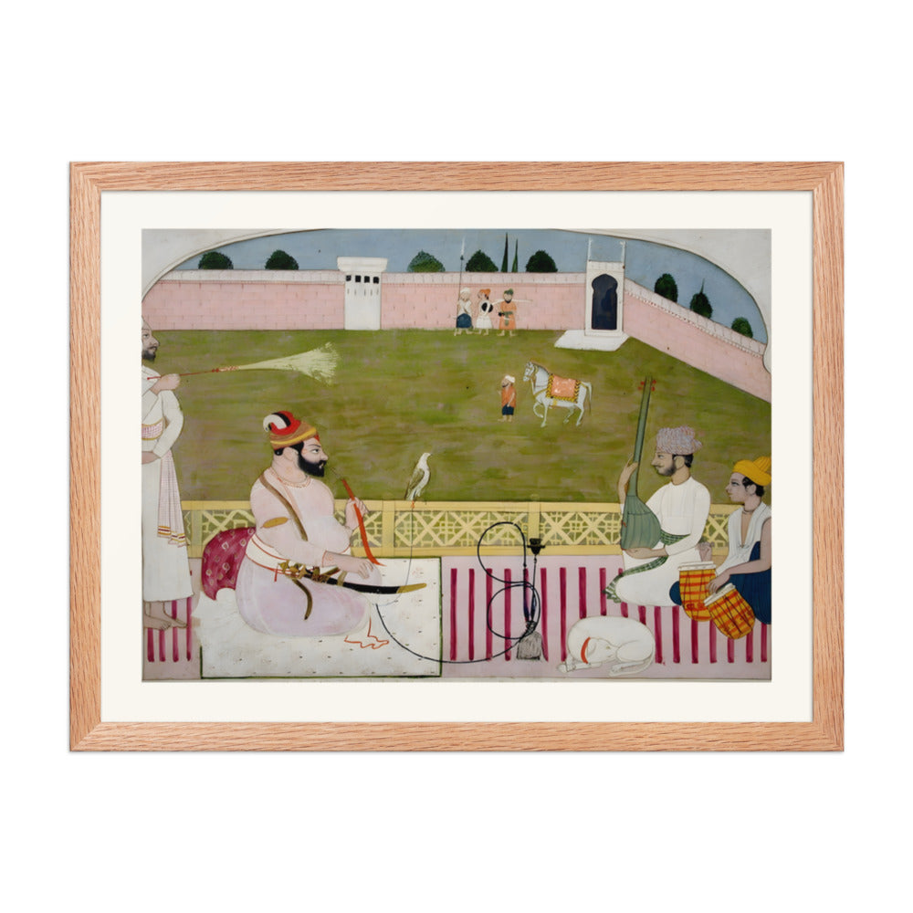 Bahadur Singh smokes a hookah on a terrace with two musicians — view 5
