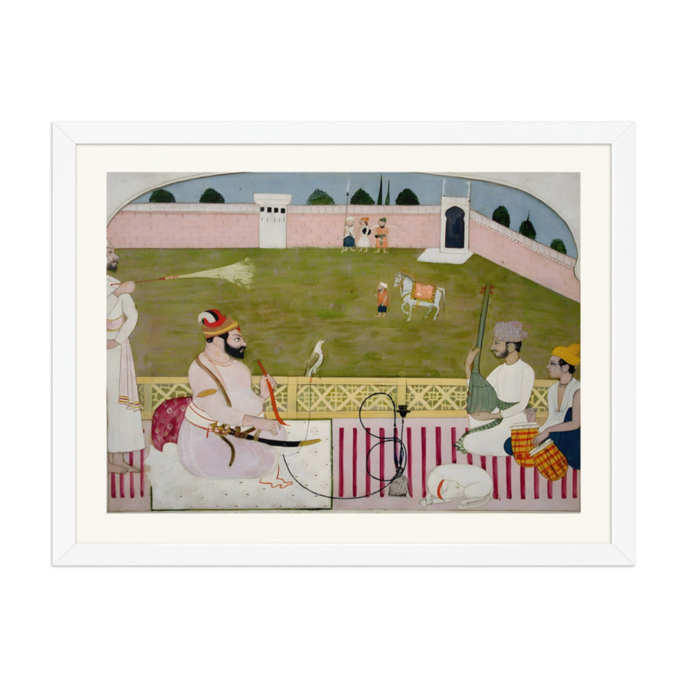 Bahadur Singh smokes a hookah on a terrace with two musicians — view 6
