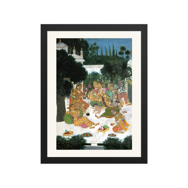 Eight women and a child on a palace terrace