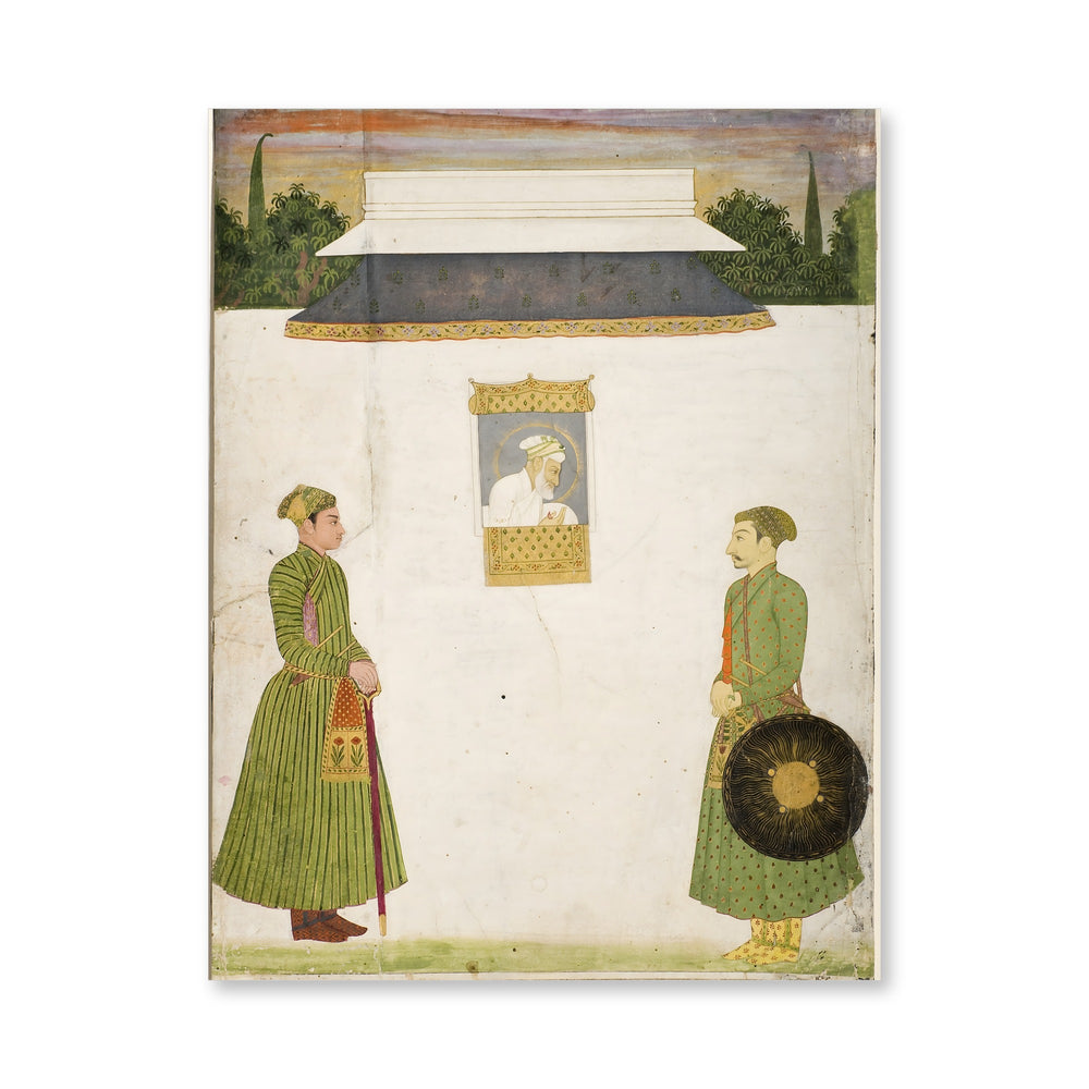 Emperor Aurangzeb at a jharokha window, two noblemen in the foregroundIn — view 4