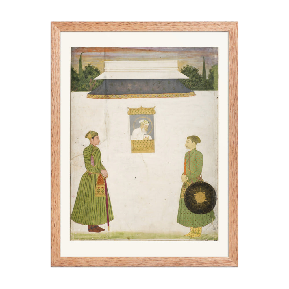 Emperor Aurangzeb at a jharokha window, two noblemen in the foregroundIn — view 2