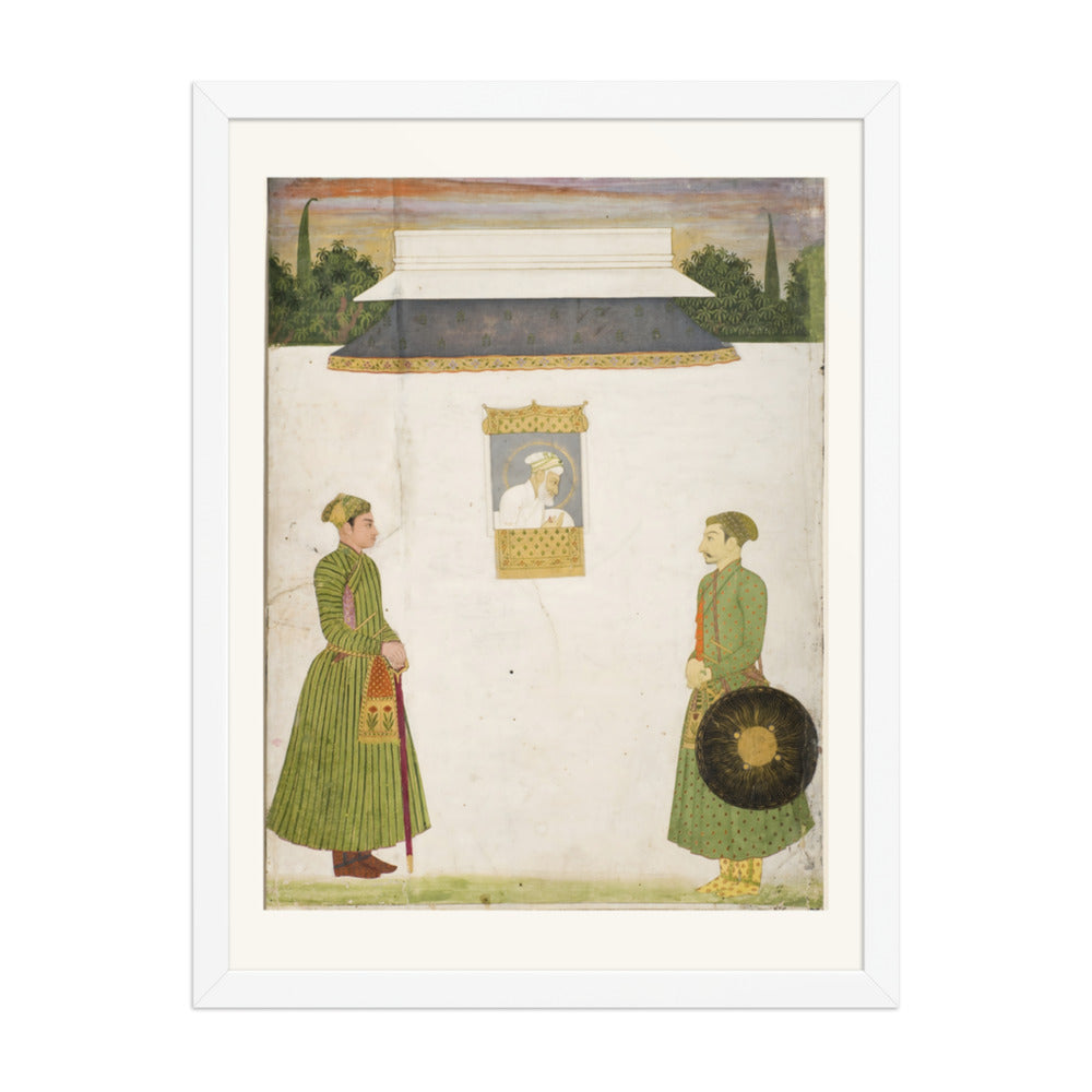 Emperor Aurangzeb at a jharokha window, two noblemen in the foregroundIn — view 3