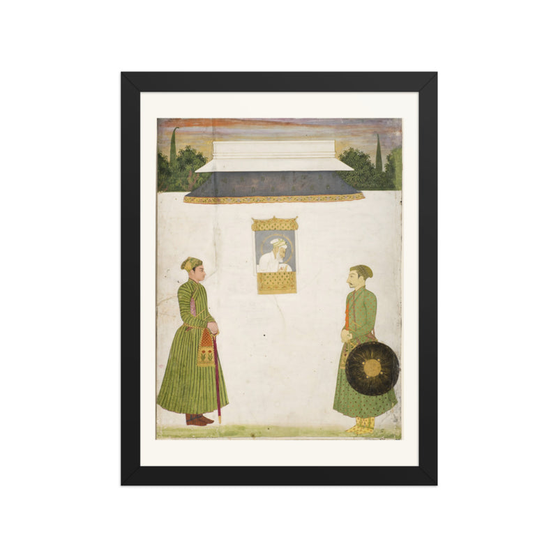 Emperor Aurangzeb at a jharokha window, two noblemen in the foregroundIn