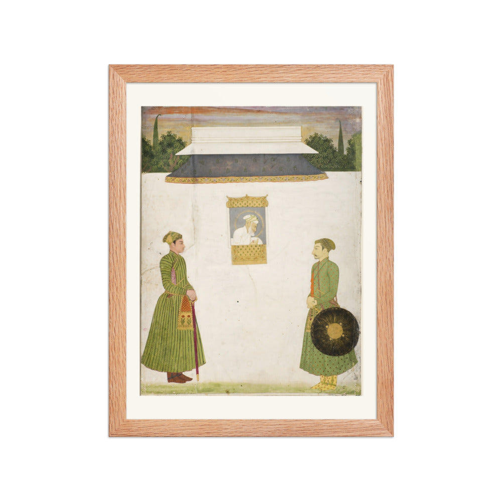Emperor Aurangzeb at a jharokha window, two noblemen in the foregroundIn — view 2