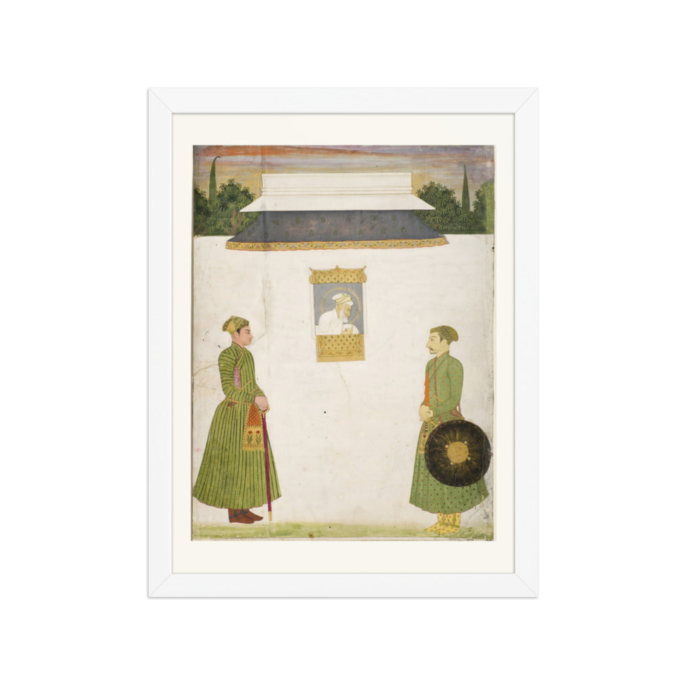 Emperor Aurangzeb at a jharokha window, two noblemen in the foregroundIn — view 3