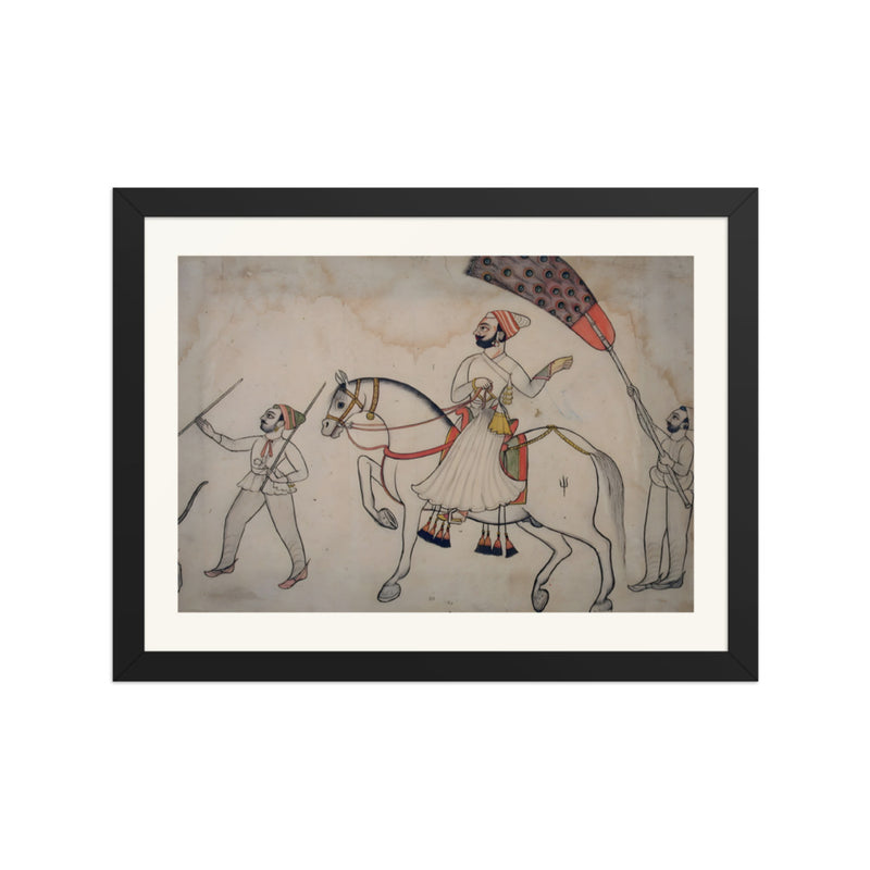 Equestrian Indra Dev of Bauduatta attended by two footmen