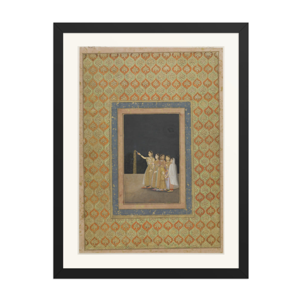 Court Ladies Playing with Fireworks — Restored Mughal Wall Art — view 1