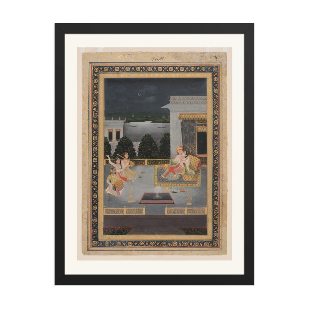 Lovers on a Terrace by Night — Restored Mughal Wall Art — view 1
