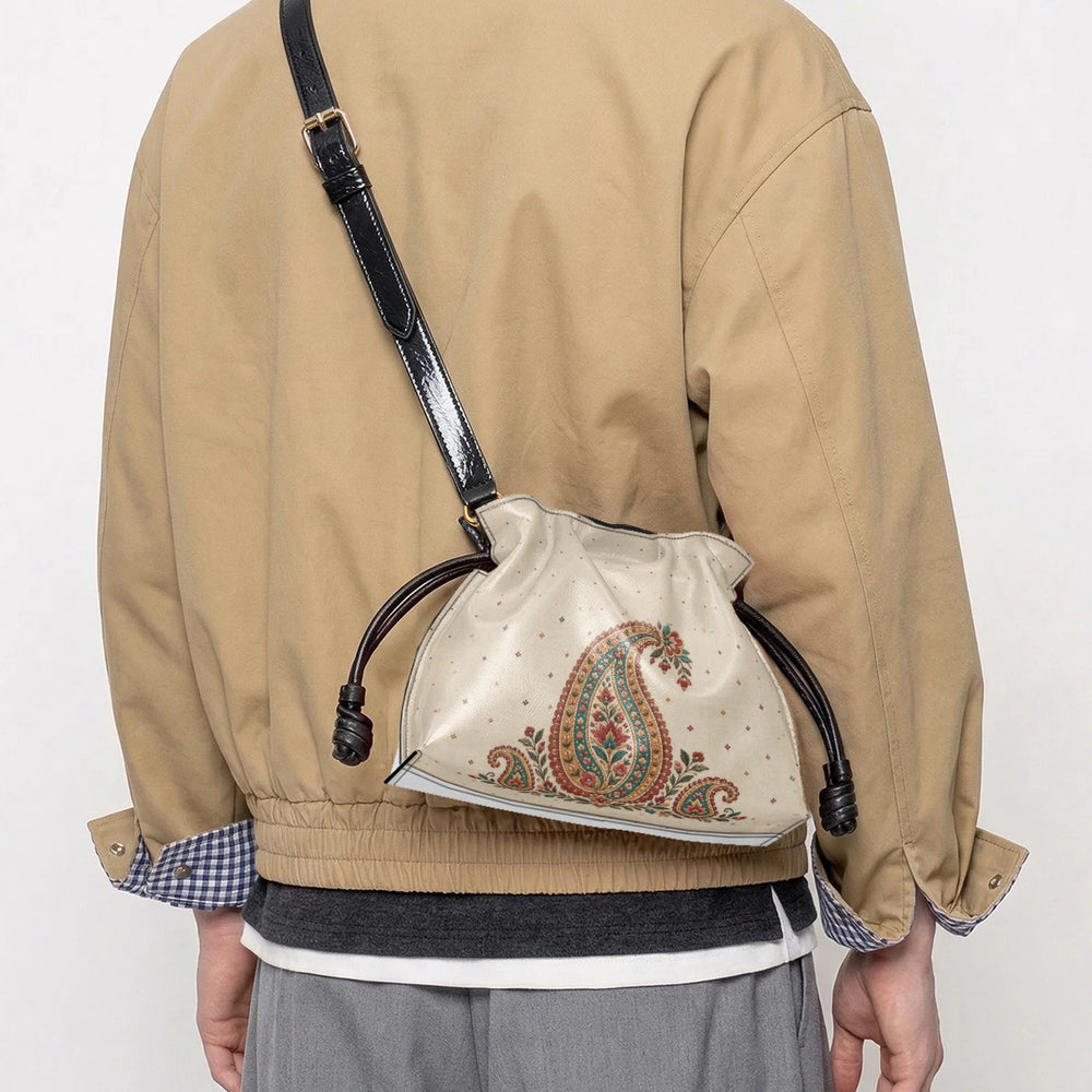 Embroidered Buta — Ivory Drawstring Pouch Bag — view 9