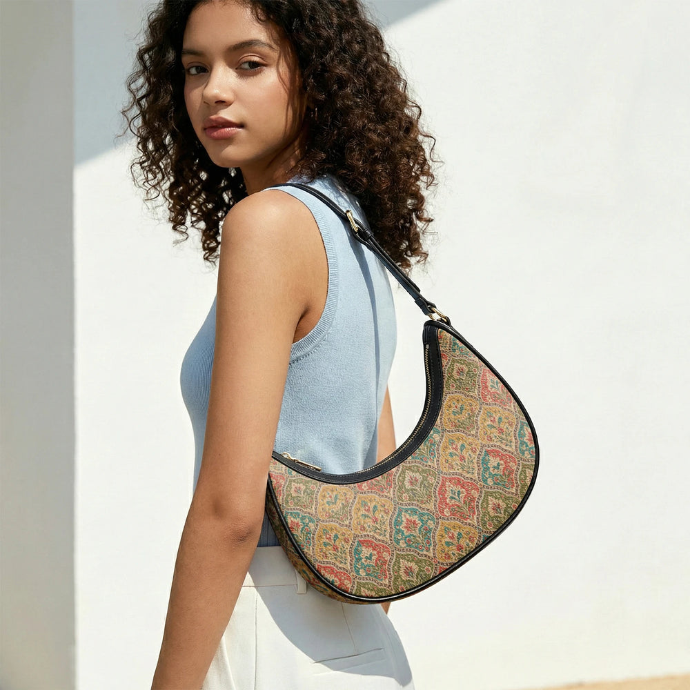 Mehrab Block Print — Ochre & Teal Crescent Shoulder Bag — view 13