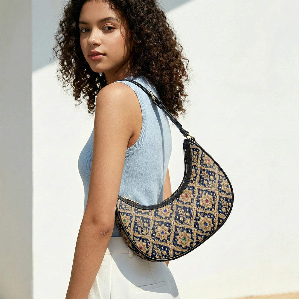 Zardozi Midnight — Navy & Gold Crescent Shoulder Bag — view 13
