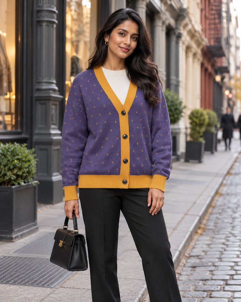 Darbar — Violet & Gold Buti Knit Cardigan