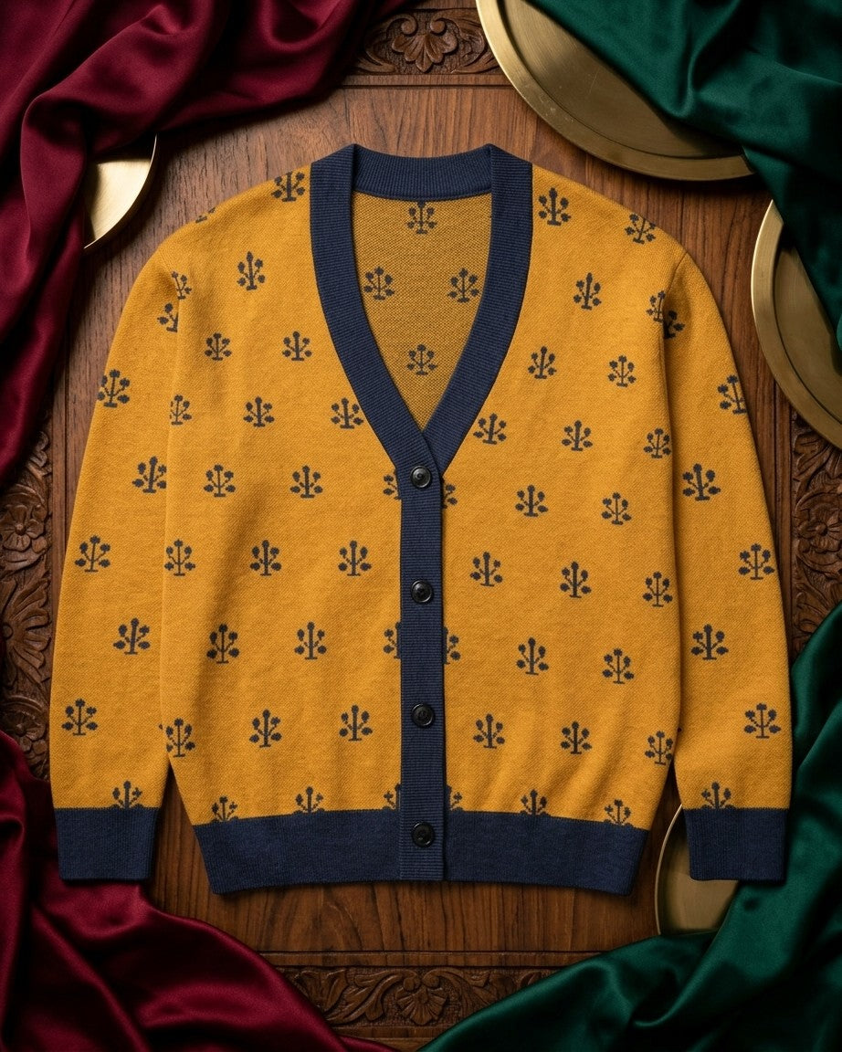 Jahangir — Saffron Buti Jacquard Knit Cardigan — view 14