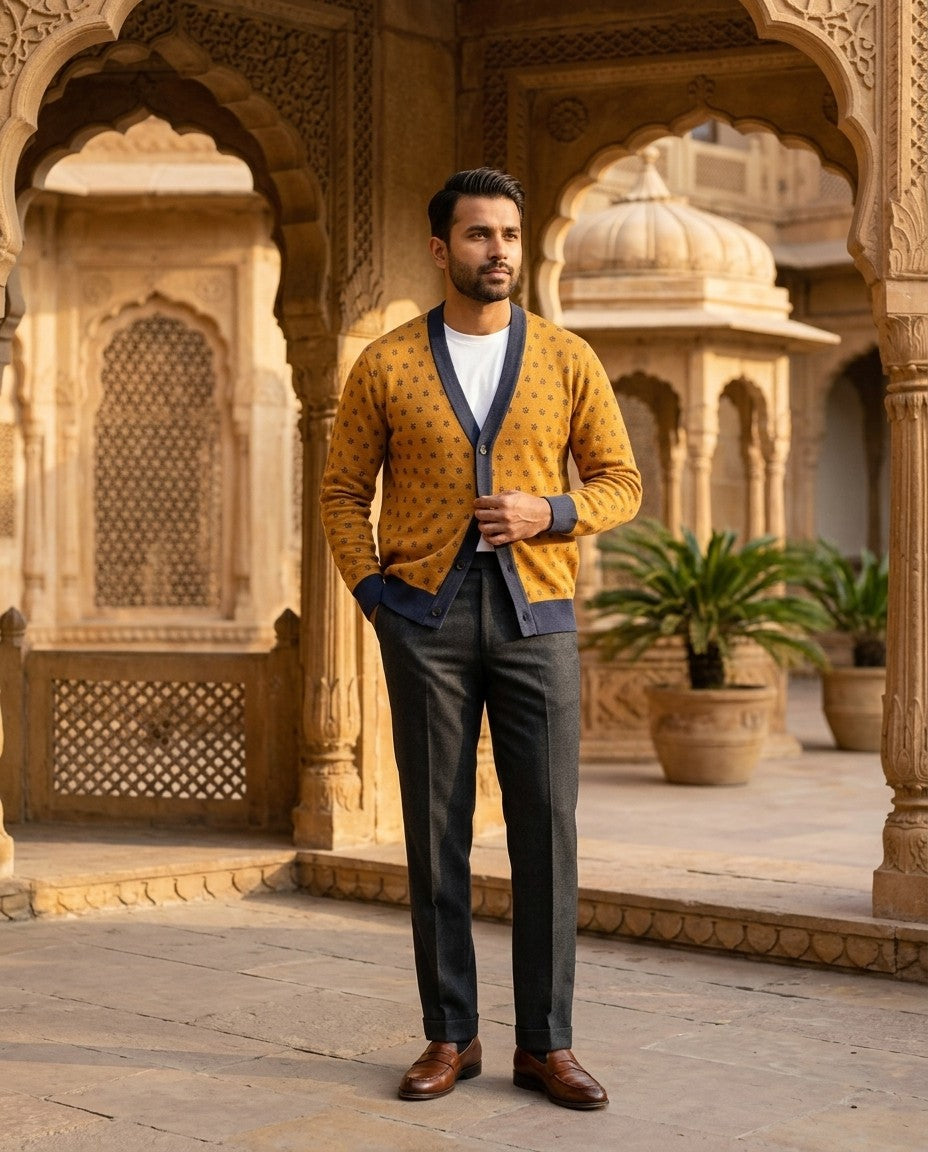 Jahangir — Saffron Buti Jacquard Knit Cardigan — view 10