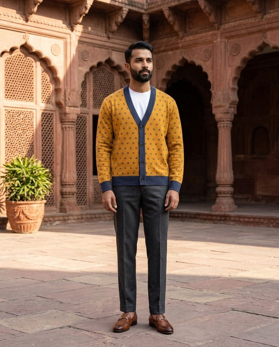Jahangir — Saffron Buti Jacquard Knit Cardigan — view 12