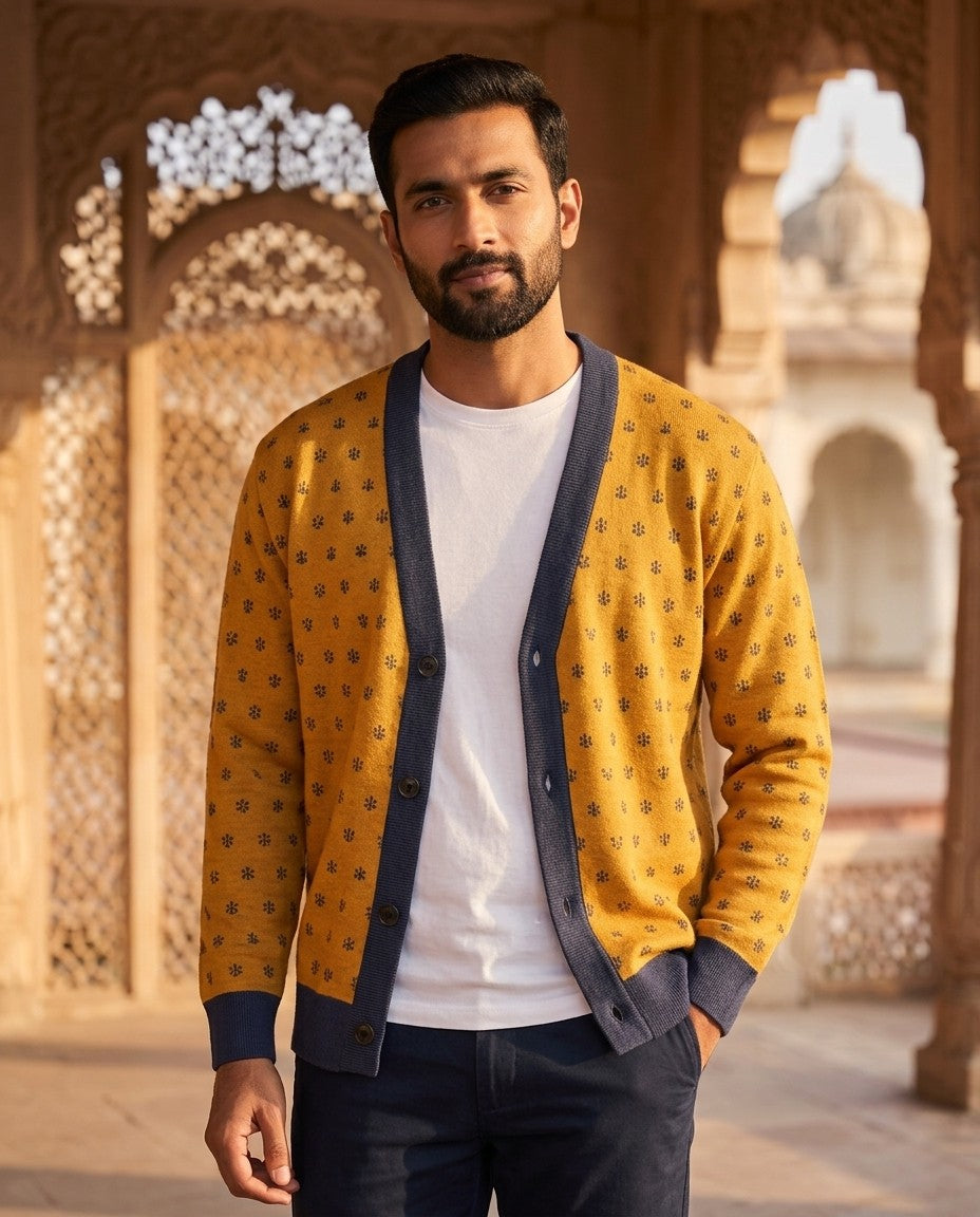 Jahangir — Saffron Buti Jacquard Knit Cardigan — view 9