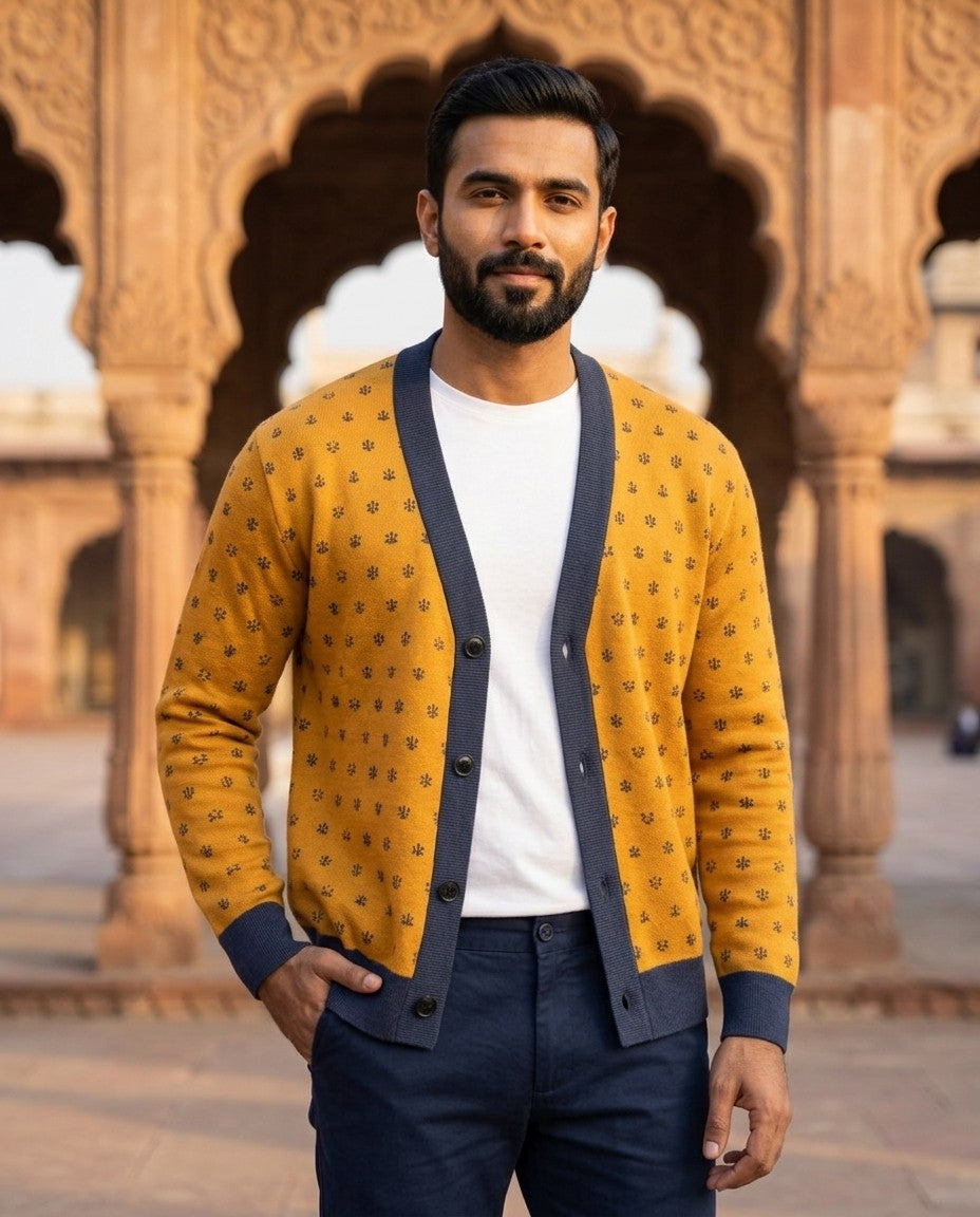 Jahangir — Saffron Buti Jacquard Knit Cardigan — view 11