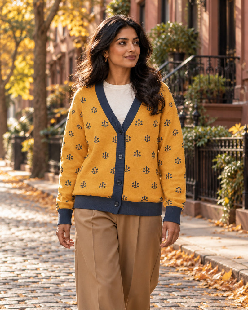 Jahangir — Saffron Buti Jacquard Knit Cardigan