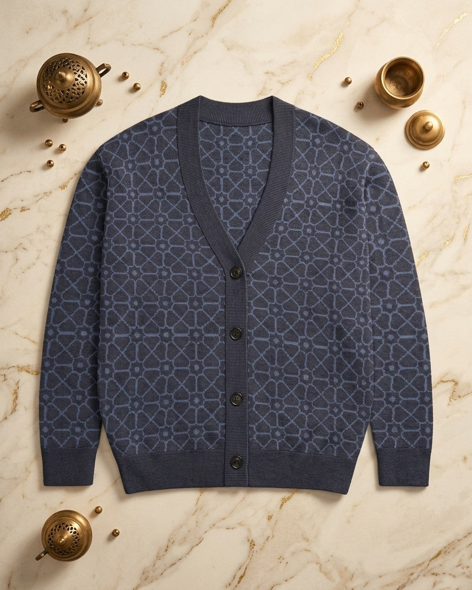 Jali — Mughal Lattice Jacquard Knit Cardigan, Navy — view 6