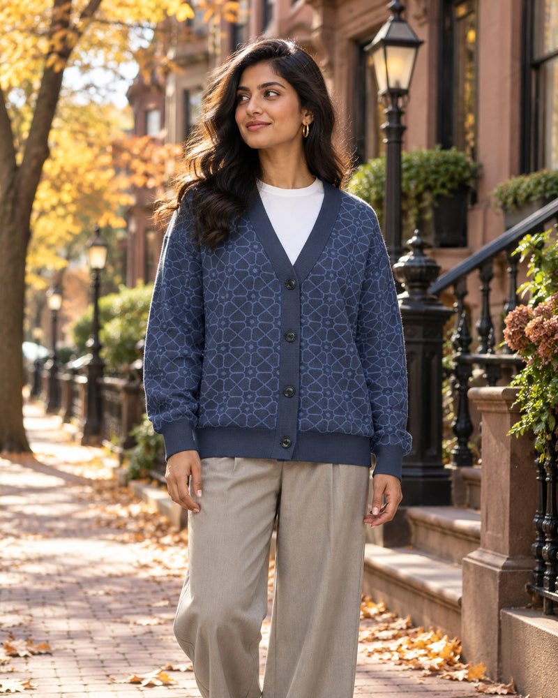 Jali — Mughal Lattice Jacquard Knit Cardigan, Navy