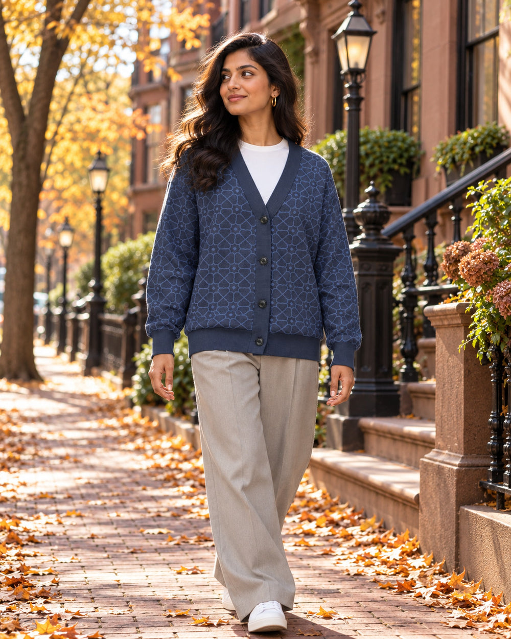 Jali — Mughal Lattice Jacquard Knit Cardigan, Navy — view 2