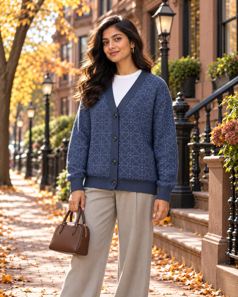 Jali — Mughal Lattice Jacquard Knit Cardigan, Navy — view 3